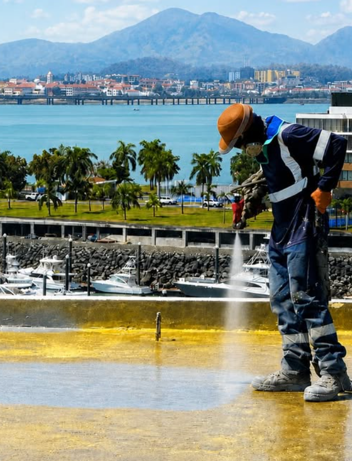Aplicación de poliurea sobre losa con la bahía de Panamá al fondo