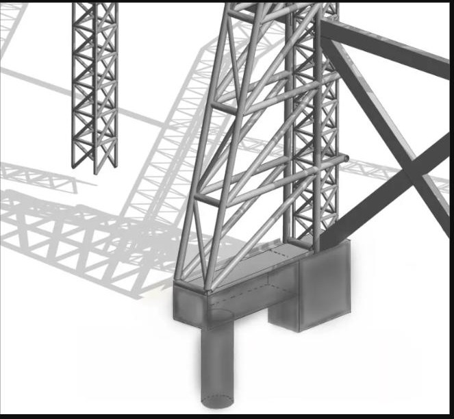 Diagrama 3D de estructura metálica sobre cimentación con pilote