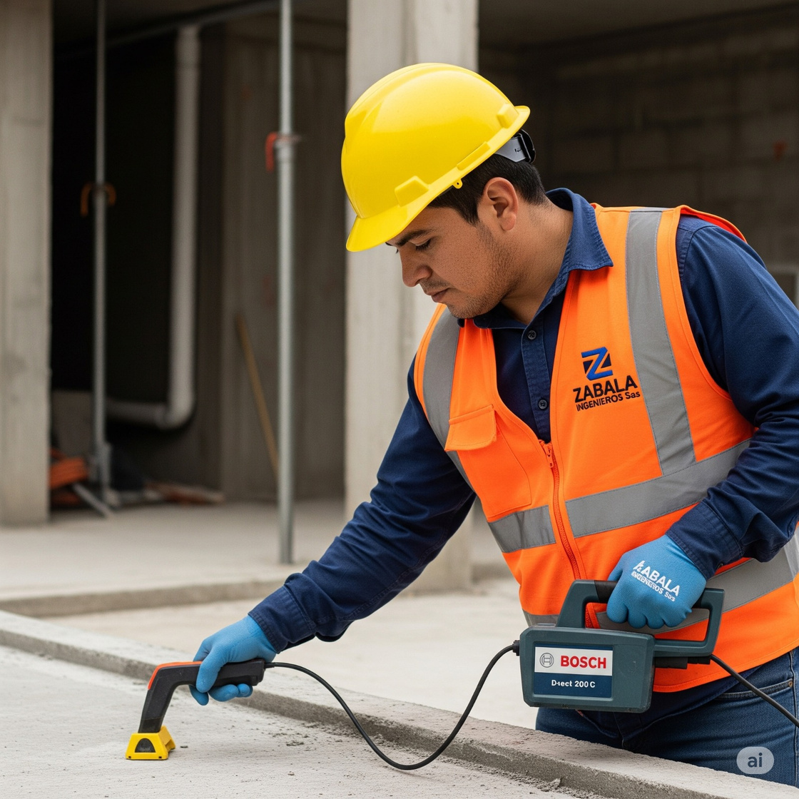 Técnico escaneando una placa de concreto con equipo de detección